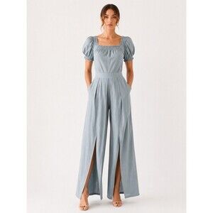 BGL Linen Blend Off Shoulder Puff Sleeve Palazzo Jumpsuit Light Blue NWT Size 2